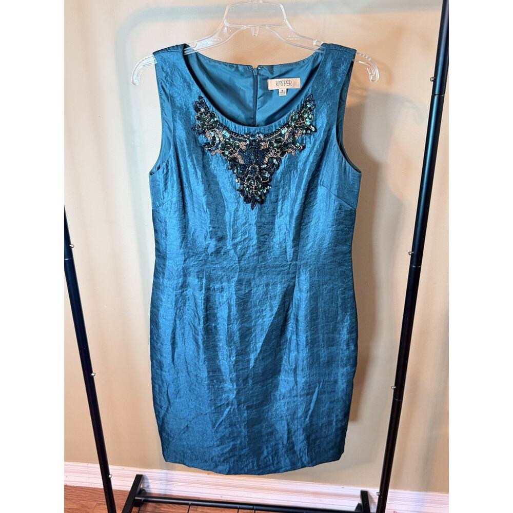 Kasper Peacock Sleeveless Dress with Beaded Top and Jacket Size 8 - Picture 3 of 11